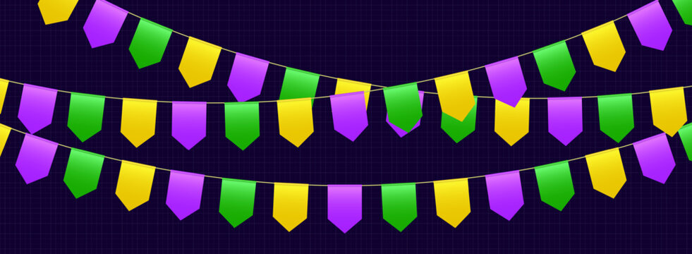 Bunting flags, carnival party flags, Mardi Gras festive pennants hanging on a rope. Festival vector decoration.