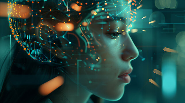 A digital artwork of an AI avatar with holographic elements and data streams, representing the concept of artificial intelligence in business communication.