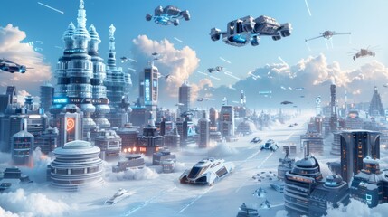 a futuristic city with towering buildings made of crystal, flying vehicles, and holographic displays, offering a glimpse into a high-tech urban future, with clear copy space for text
