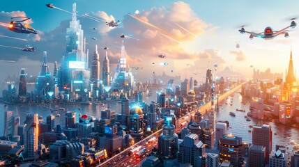 a futuristic city with towering buildings made of crystal, flying vehicles, and holographic displays, offering a glimpse into a high-tech urban future, with clear copy space for text
