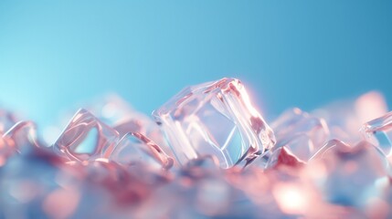 Close up of sparkling ice cubes on blue background.
