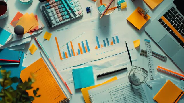 Top view of a cluttered office desk with financial charts, calculator, and colorful stationery. Vibrant workspace full of productivity tools. Ideal for business planning and creative work environment 