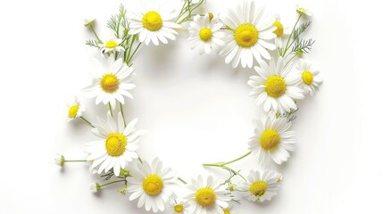 Daisy and chamomile flowers on circular wreath with empty center Floral summer theme from top view