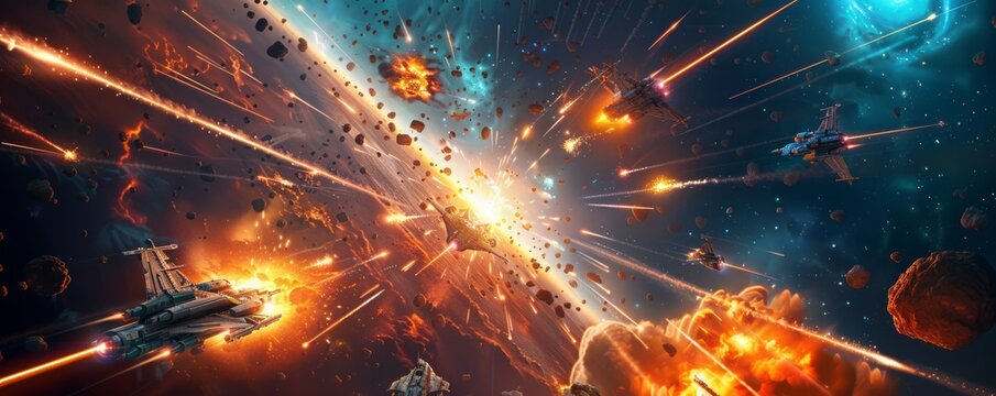a futuristic space battle scene with starships engaged in combat, laser beams crisscrossing the void, and explosions lighting up the cosmos, creating an action-packed scene, providing ample copy
