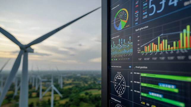 Modern wind turbine with a detailed energy data analytics dashboard in the foreground, displaying real-time statistics and graphs for effective power production monitoring