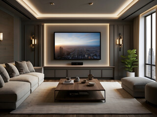 Home theater screen in the apartment design, mock-up design