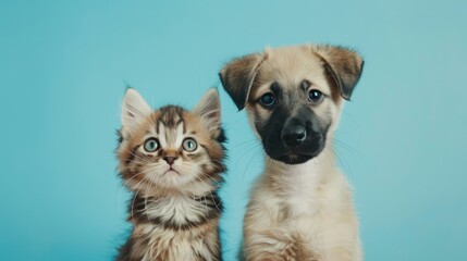 Obraz premium Adorable puppy and cat in front of light blue background gazing at the camera