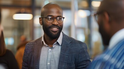 Obraz premium Professional black businessman approaching business partners for a discussion in a stylish office setting