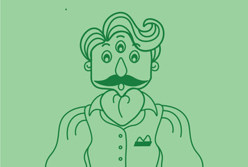 Young surprised man, gentleman with opened mouth. Alien man with moustaches. Man with surprised face expression.