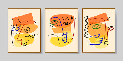 Set of abstract face portraits, shapes, doodle , decorative hand drawn vector illustration wall art. Cubism male and female portrait aesthetic design for poster, cover, decoration,