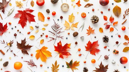 Obraz premium Autumn themed flat lay with seasonal elements on white background