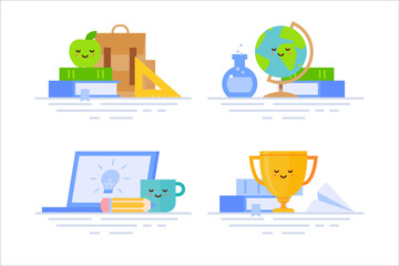 Back to school. Vector flat illustrations with school supplies. Green apple on top of the books, backpack, globe, flask, notebook, mug and golden goblet