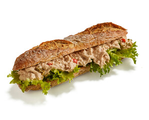 Sandwich isolated on dark background. Sandwich clipping path. Top view. Selective focus and copy space. 
