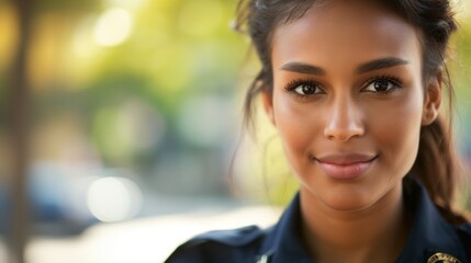 Policewoman in uniform with a confident smile, standing outdoors in a vibrant setting.