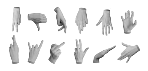 Finger gestures and symbols set. Thumb down, walking, touching, attacking, grabbing, crossing for luck, horns, rude, hand sign isolated on white background., transparent PNG cutout