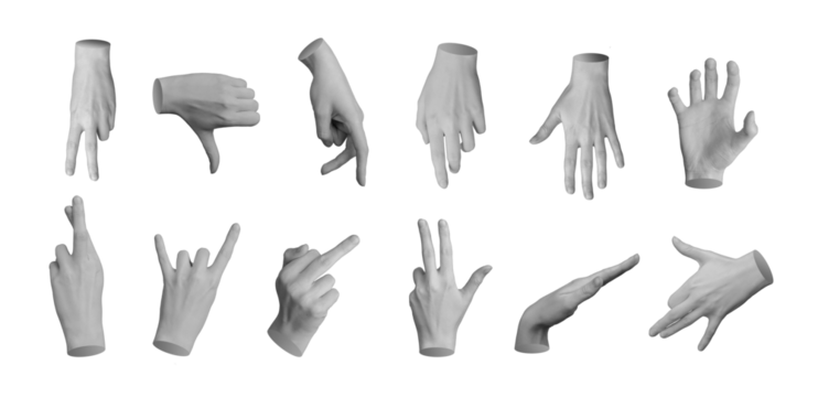 Finger gestures and symbols set. Thumb down, walking, touching, attacking, grabbing, crossing for luck, horns, rude, hand sign isolated on white background., transparent PNG cutout