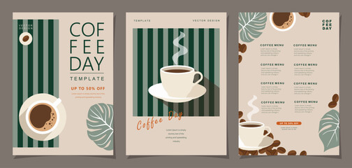 Set of sketch banners with coffee beans and leaves on minimal background for invitations, cards, banner, poster, cover, cafe menu or another template design. vector illustration.
