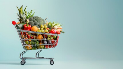 Shopping cart moving fast from side to side and quickly filling with fruits, vegetables. Mountain of fresh vegetables, fruits, overcrowded trolley. Ability to use any background. 