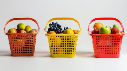 Supermarket shopping baskets filled with different products moving on white background.