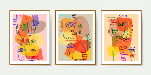 Set of abstract face portraits, shapes, doodle , decorative hand drawn vector illustration wall art. Cubism male and female portrait aesthetic design for poster, cover, decoration,