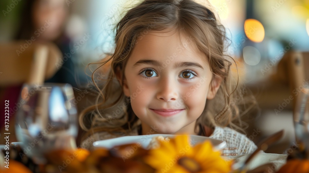 Wall mural little girl with brown hair brown eyes smiling at camera, laughter joy love happiness