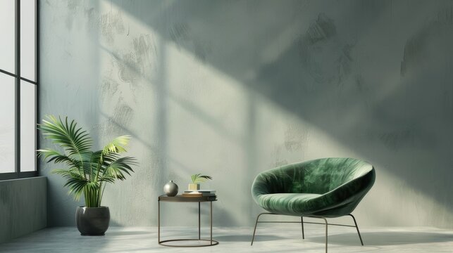 Minimalistic interior design with green chair and modern table in a living room setting