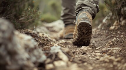 Obraz premium A person is walking on a rocky path with their feet in the dirt generated by AI