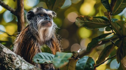 Emperor Tamarin Monkey Seated in Tree with Copy Space among Leaves