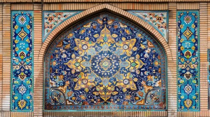 Fototapeta premium Traditional Persian mosaic backdrop with geometric ornament on tile frame for text placement