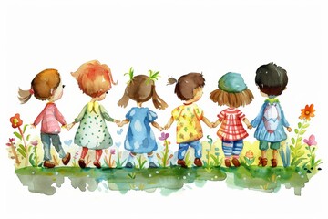 Watercolor painting of children walking in a line, holding hands. Children's Book Illustration