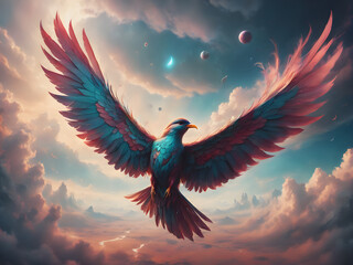 Fototapeta premium Freedom and hope concept, imagination of surreal scene a fantasy bird flying in the sky
