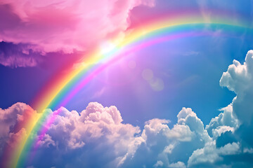 Vivid rainbow arching across the sky, showcasing a full spectrum of colors against a backdrop of clouds, symbolizing beauty and wonder in nature