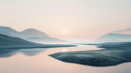 Fototapeta premium Serene Sunrise, Minimalist Landscape with Gentle Hills and Tranquil River