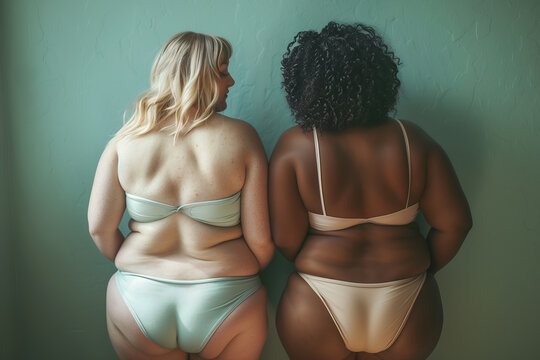 Two multiethnic unrecognizable women are standing next to each other. Body positive concept.