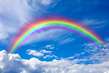 Naklejka premium Vivid rainbow arching across the sky, showcasing a full spectrum of colors against a backdrop of clouds, symbolizing beauty and wonder in nature