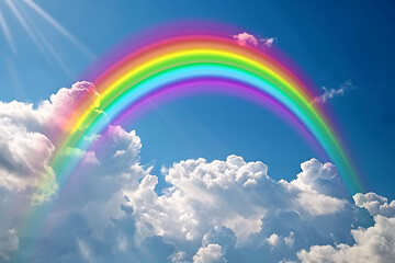 Vivid rainbow arching across the sky, showcasing a full spectrum of colors against a backdrop of clouds, symbolizing beauty and wonder in nature