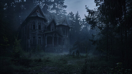 A dark abandoned mansion in the woods at night