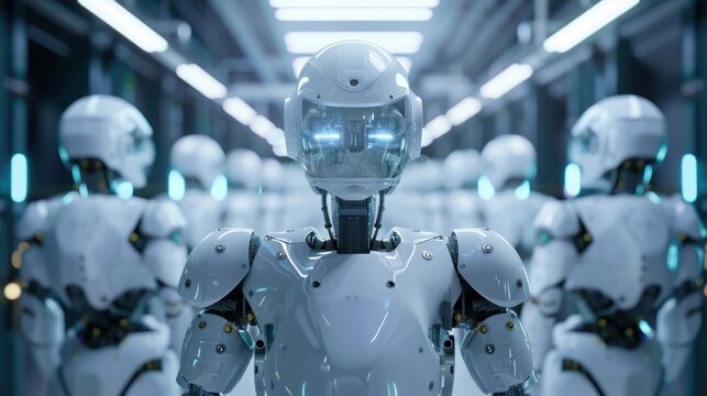 Row of identical humanoid robots in a factory setting, with the foremost robot in sharp focus and the others in the background
