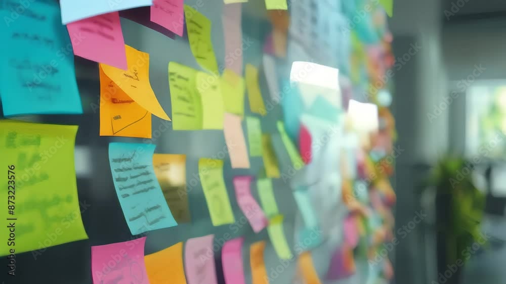 Poster colorful sticky notes with handwritten messages on a glass wall in an office. creative and dynamic w