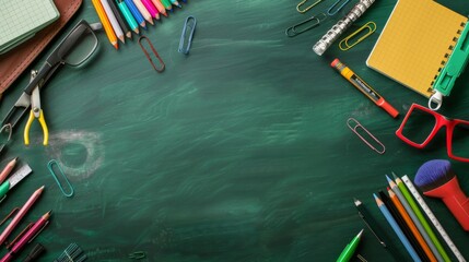 School supply on green chalkboard copy space background