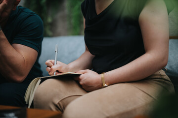 Close-up of young business entrepreneurs during an outdoor meeting, focusing on note-taking, collaboration, and brainstorming session in a casual setting.