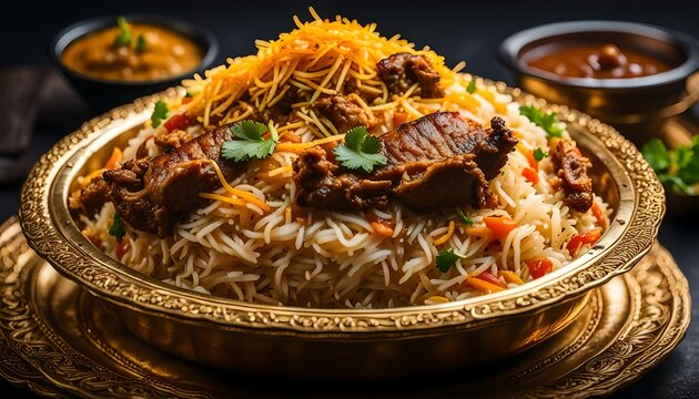 Mutton Biryani served in a golden dish isolated on dark background side view indian food
