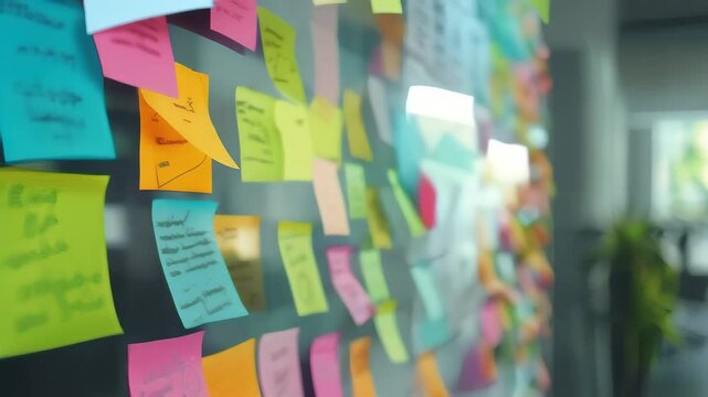 Colorful sticky notes with handwritten messages on a glass wall in an office. Creative and dynamic workspace. Ideal for brainstorming sessions and project planning concepts
