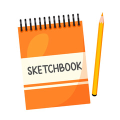Artistic sketchbook with colorful pencil isolated on white background.
