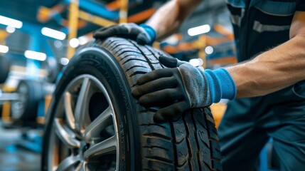 Skilled Mechanic Balancing New Tire in Modern Shop with Ample Space for Text Background