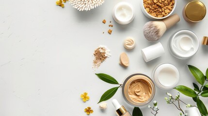 Cosmetic items and accessories on a white surface for text placement