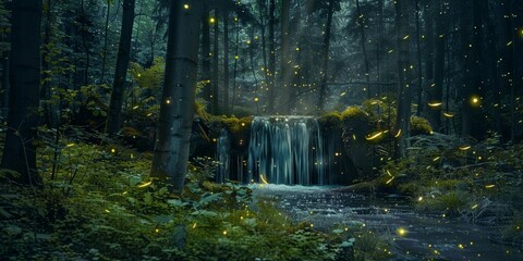 A forest with a waterfall and fireflies generated by AI