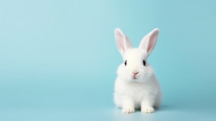 Fototapeta premium cute animal pet rabbit or bunny white color smiling and laughing isolated with copy space for easter background, rabbit, animal, pet, cute, fur, ear, mammal, background, celebration, generate by AI