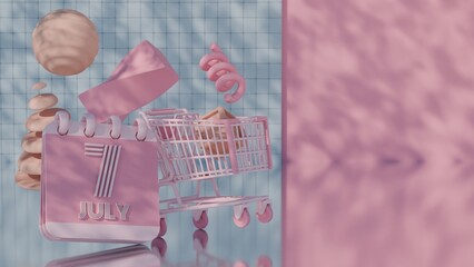 3D Abstract Pink Calendar for July 7 with Shopping Cart