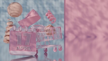 3D Abstract Pink Calendar for April 17 with Shopping Cart
